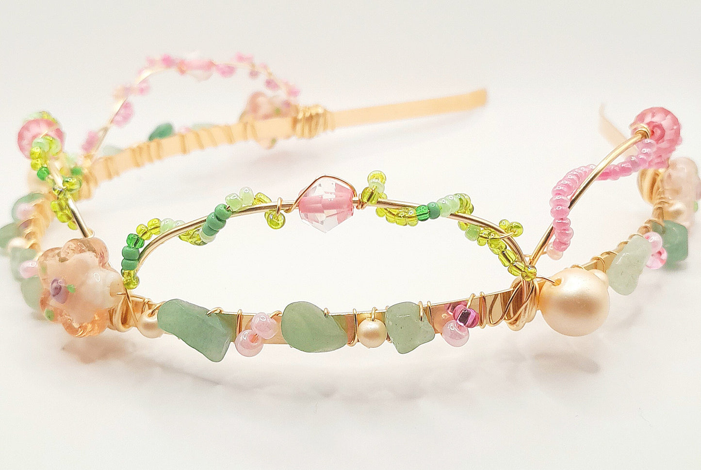 Blossom - Gold Handwired With Pink Pearls, Green Aventurine, and Glass Beads Headband