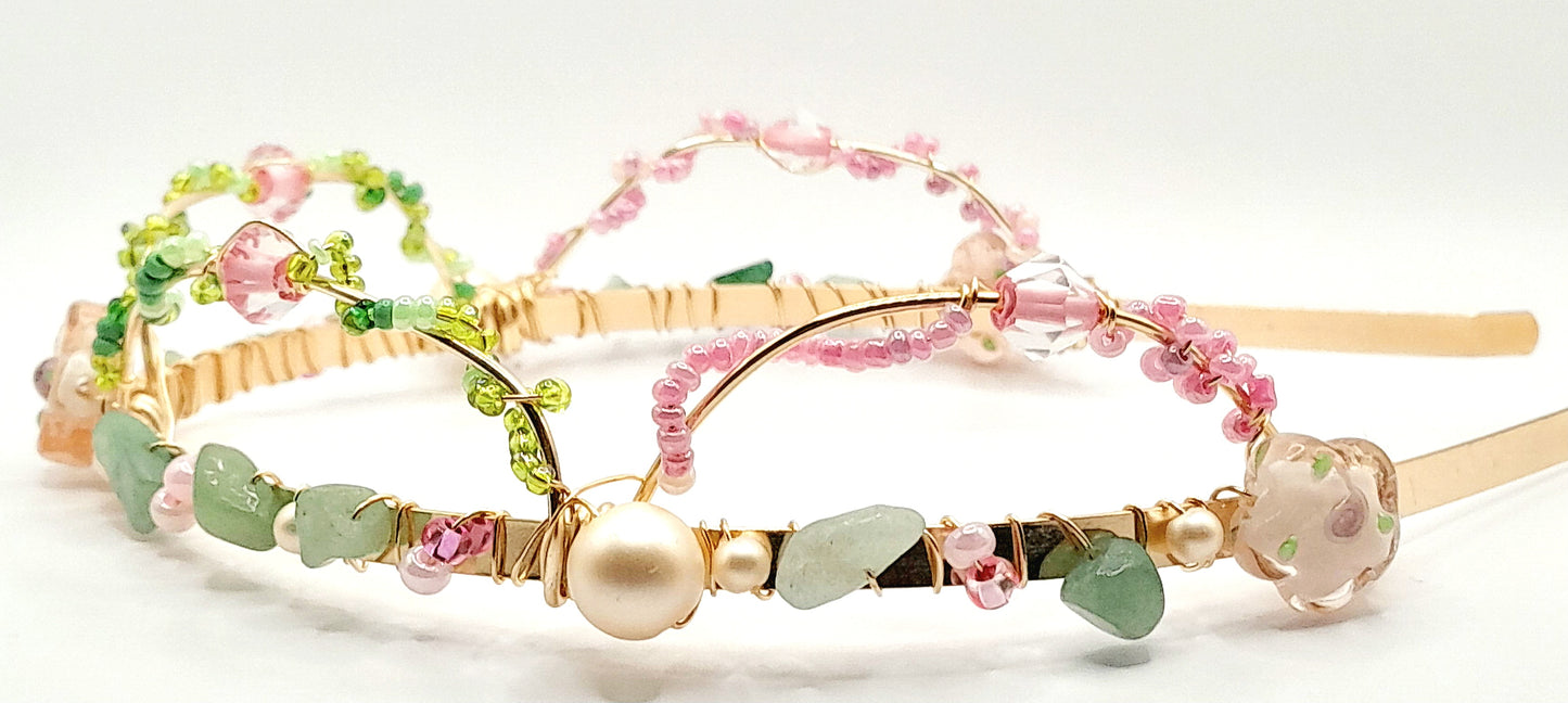 Blossom - Gold Handwired With Pink Pearls, Green Aventurine, and Glass Beads Headband
