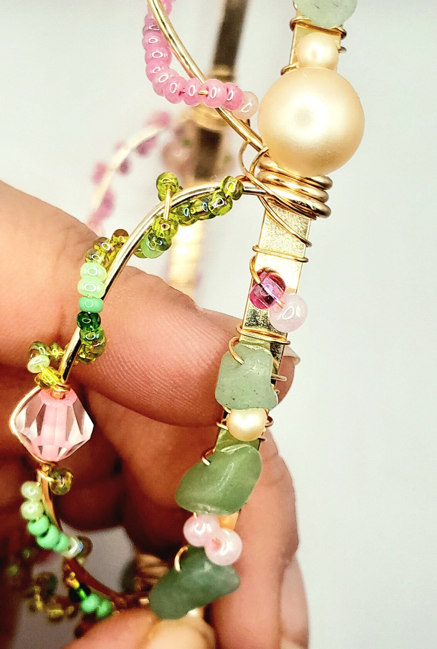 Blossom - Gold Handwired With Pink Pearls, Green Aventurine, and Glass Beads Headband