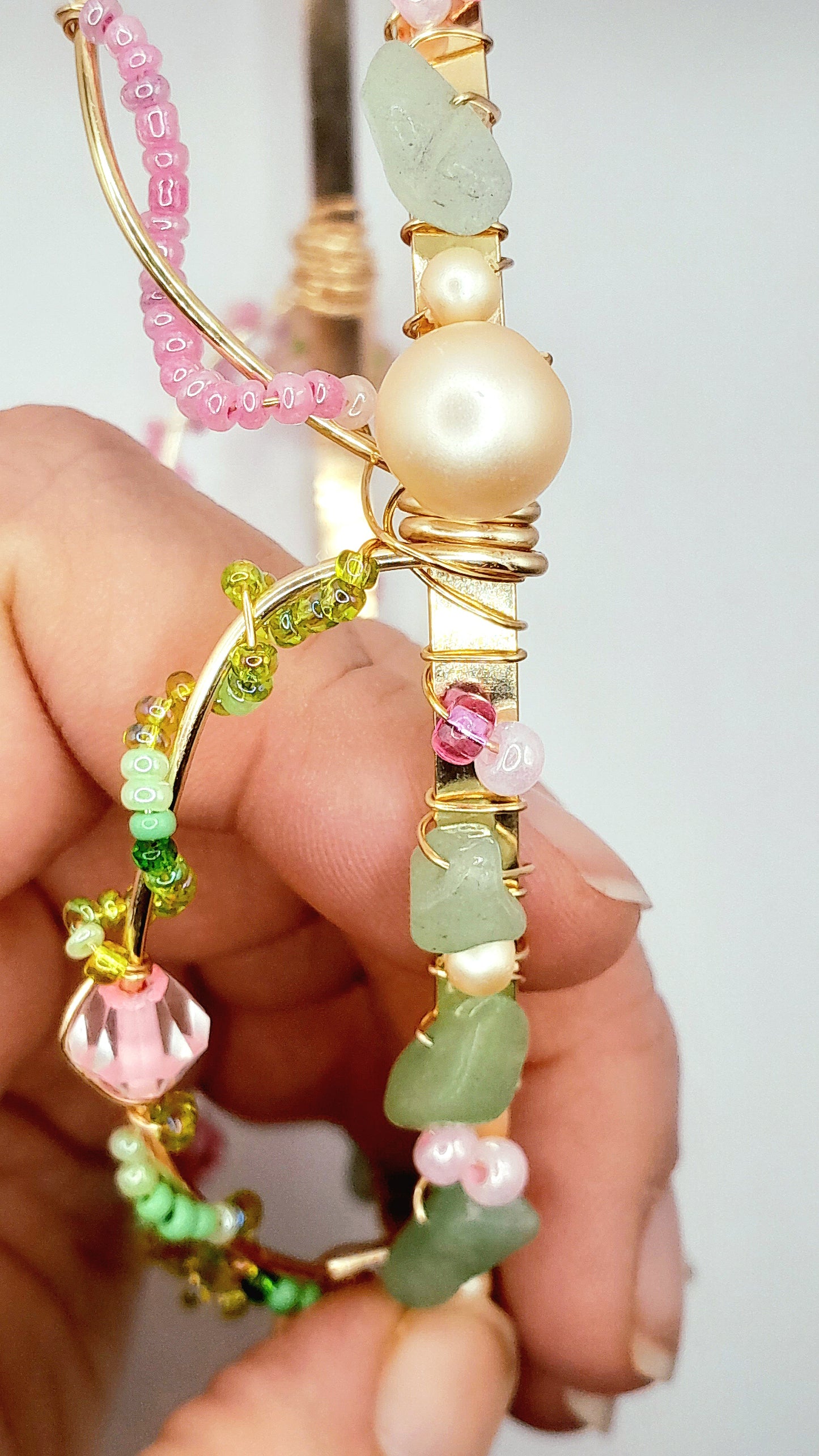 Blossom - Gold Handwired With Pink Pearls, Green Aventurine, and Glass Beads Headband