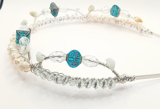Eleanor - White and Clear Blue Beads Handwired Silver Headband with Green Aventurine on the Arches