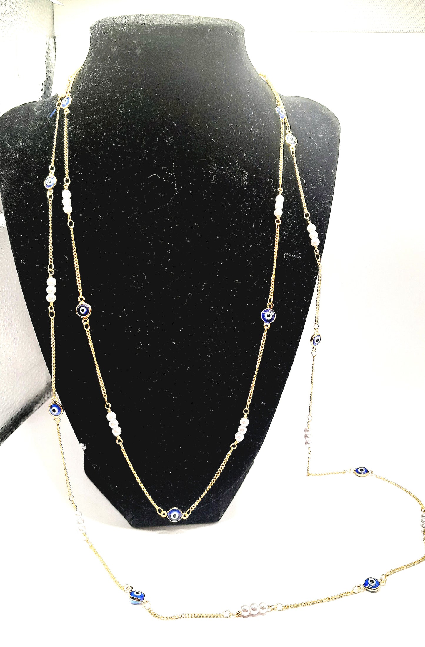 Long Layered Gold and Evil Eye Chain Necklace