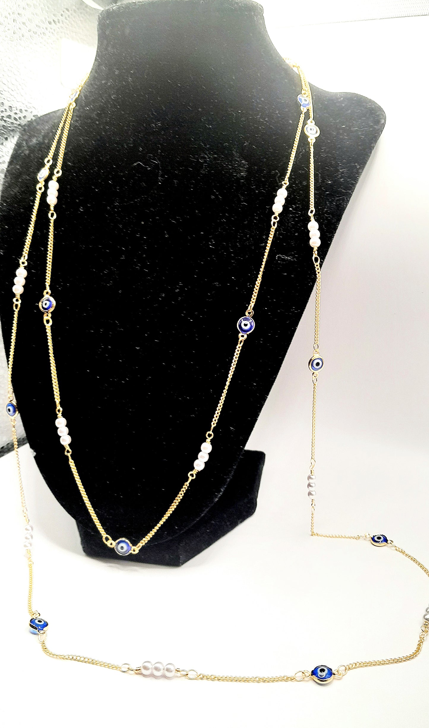 Long Layered Gold and Evil Eye Chain Necklace