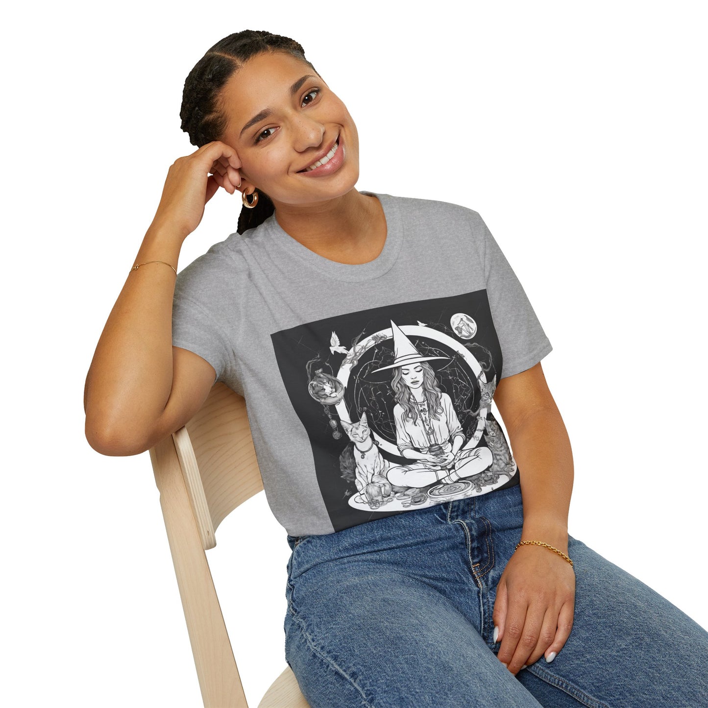 Celebrate your inner witch while mediating with the mediate for a momen5 shirt - great for yoga, casual, workout, or manifesting front model view.