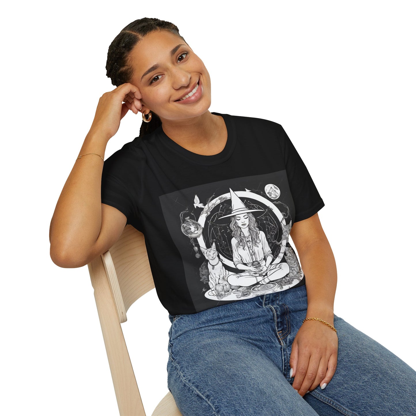 Celebrate your inner witch while mediating with the mediate for a momen5 shirt - great for yoga, casual, workout, or manifesting front model view.