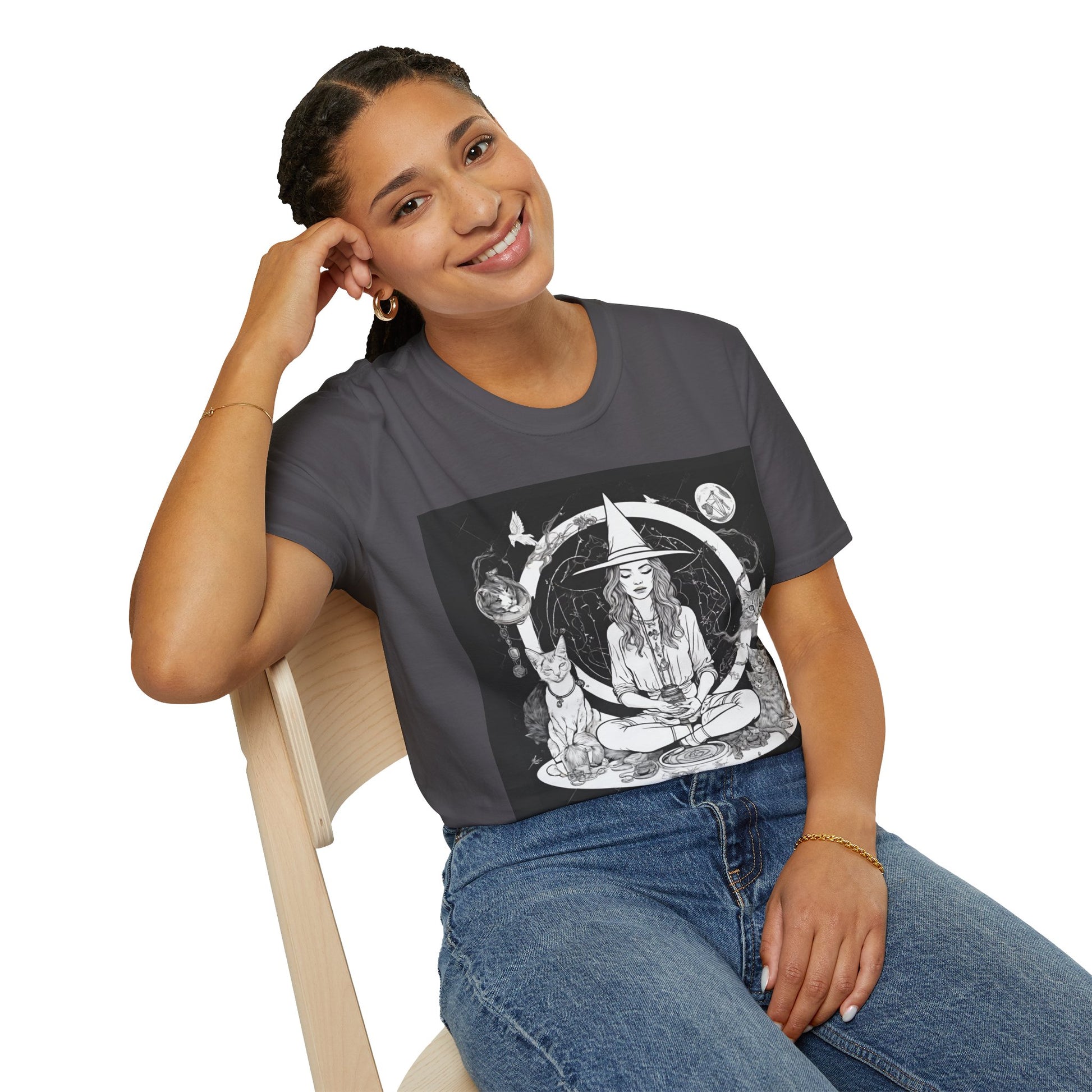 Celebrate your inner witch while mediating with the mediate for a momen5 shirt - great for yoga, casual, workout, or manifesting front model view.