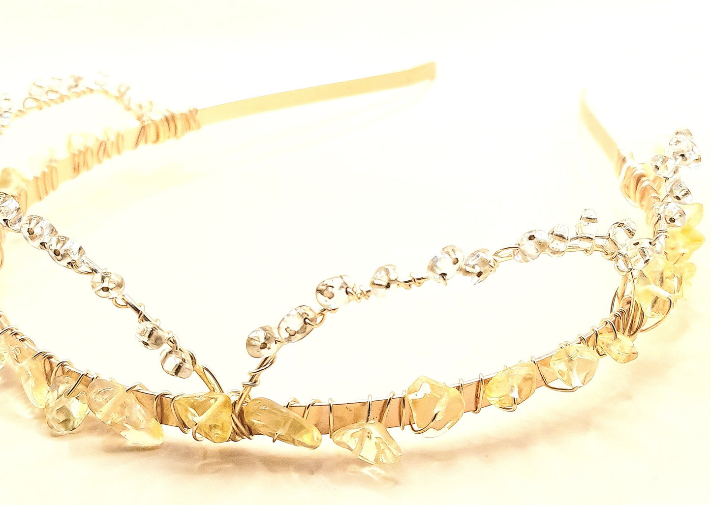 Handwired citrine with glass heads on gold headband that can also be worn as a crown front side image