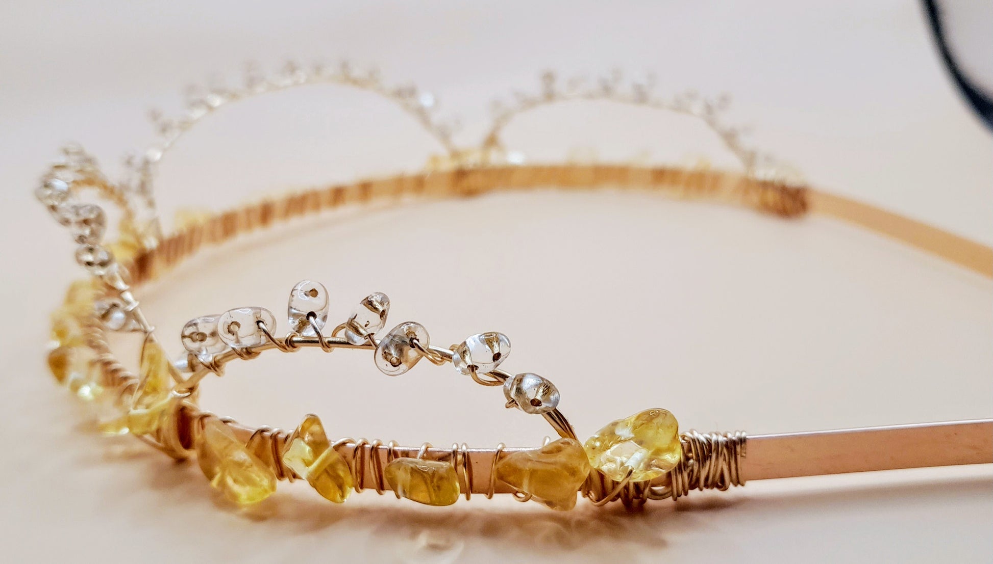 Handwired citrine with glass heads on gold headband that can also be worn as a crown side image