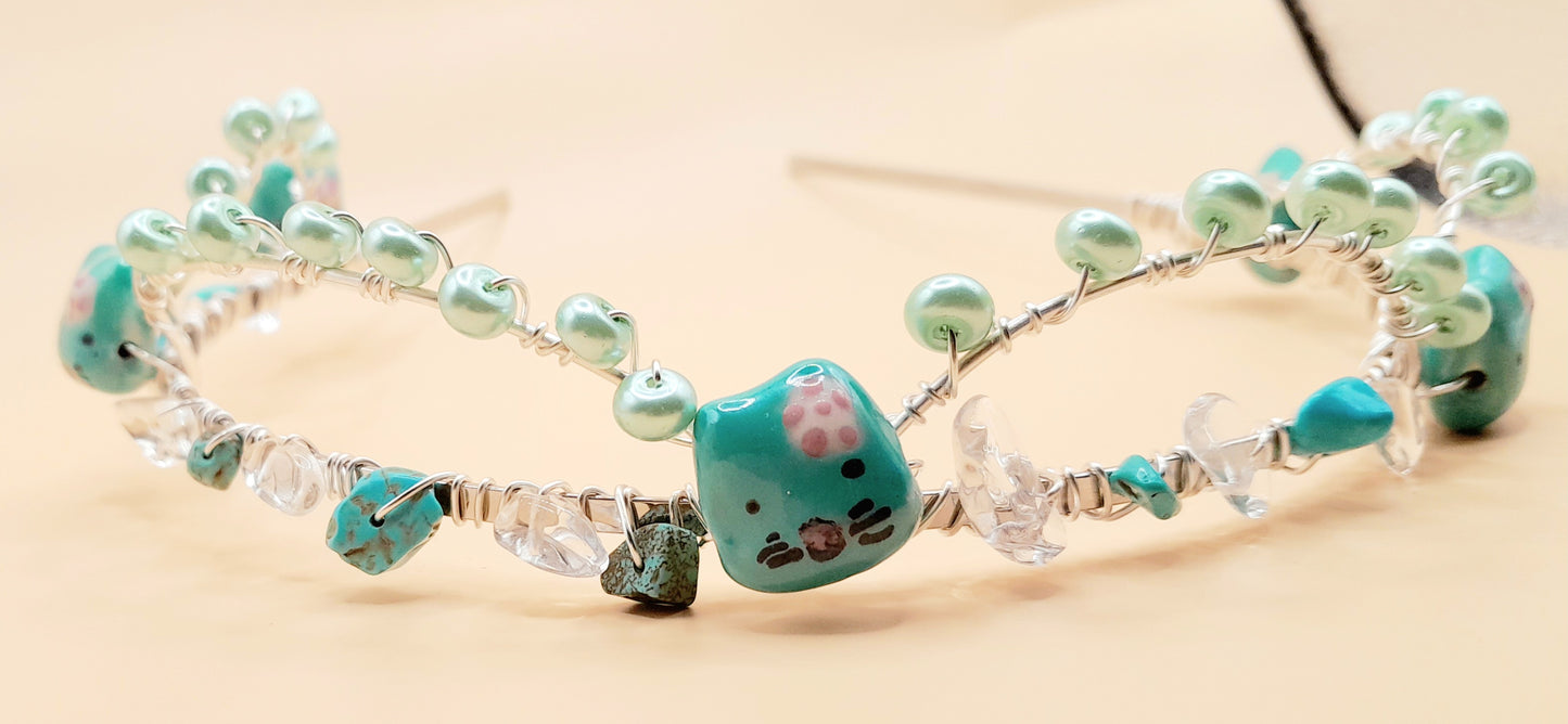 Turquoise and Clear Quartz Beaded Kitty Silver Headband/Crown