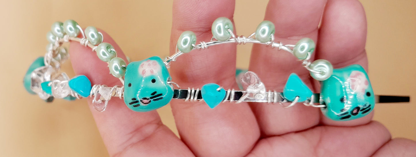 Turquoise and Clear Quartz Beaded Kitty Silver Headband/Crown