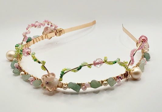 Blossom - Gold Handwired With Pink Pearls, Green Aventurine,  and Glass Beads Headband