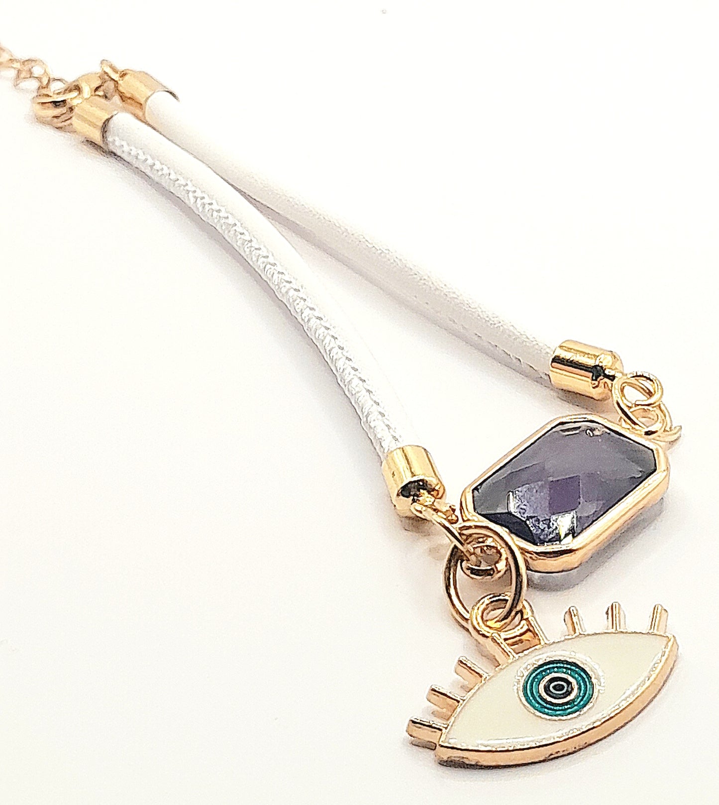 Purple Gemstone with Evil Eye Adjustable Bracelet