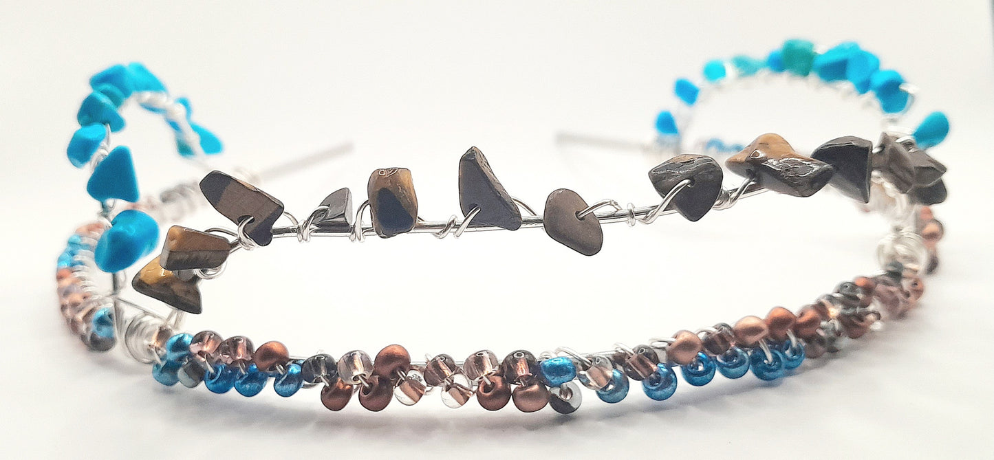 Kate - Blue Turquoise and Tiger Eye Silver Handwired Beaded Headband