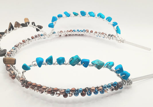 Kate - Blue Turquoise and Tiger Eye Silver Handwired Beaded Headband