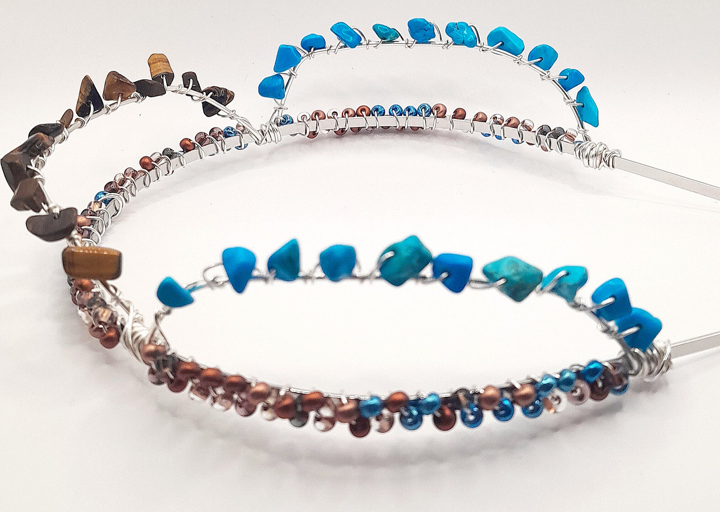 Kate - Blue Turquoise and Tiger Eye Silver Handwired Beaded Headband