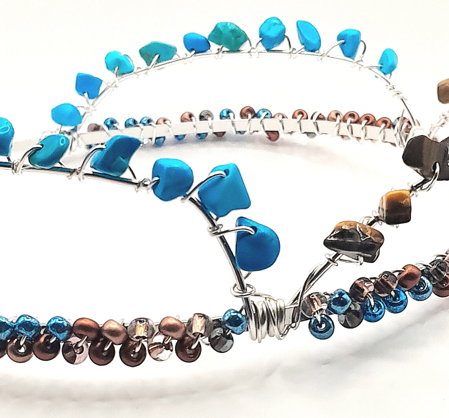 Kate - Blue Turquoise and Tiger Eye Silver Handwired Beaded Headband