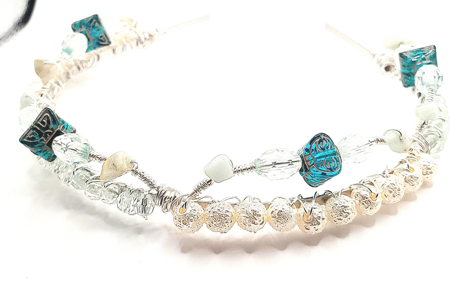 Eleanor - White and Clear Blue Beads Handwired Silver Headband with Green Aventurine on the Arches