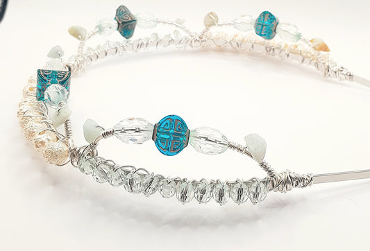 Eleanor - White and Clear Blue Beads Handwired Silver Headband with Green Aventurine on the Arches