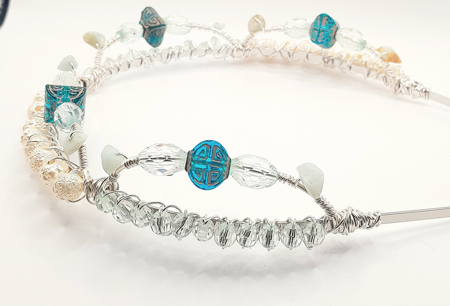 Eleanor - White and Clear Blue Beads Handwired Silver Headband with Green Aventurine on the Arches