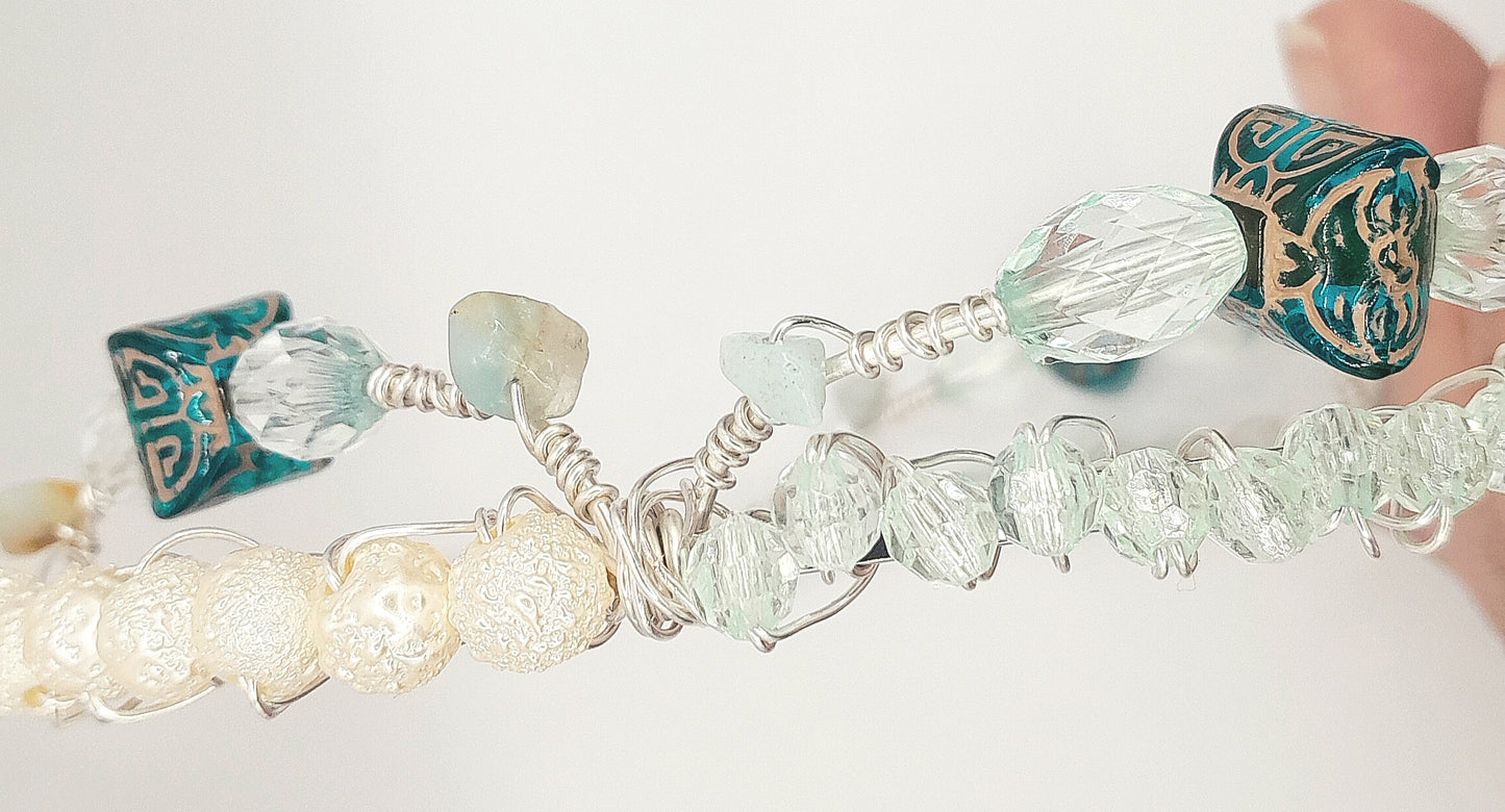 Eleanor - White and Clear Blue Beads Handwired Silver Headband with Green Aventurine on the Arches