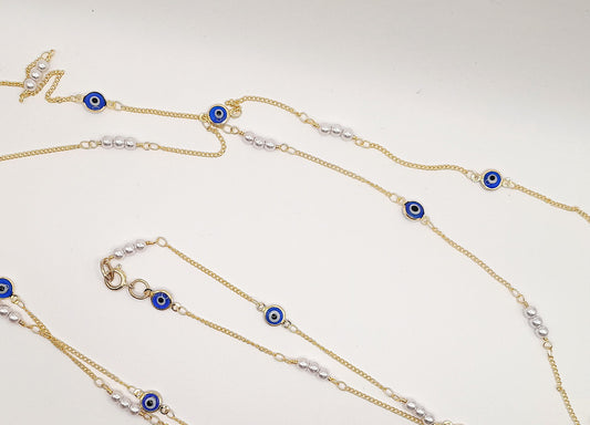 Long Layered Gold and Evil Eye Chain Necklace
