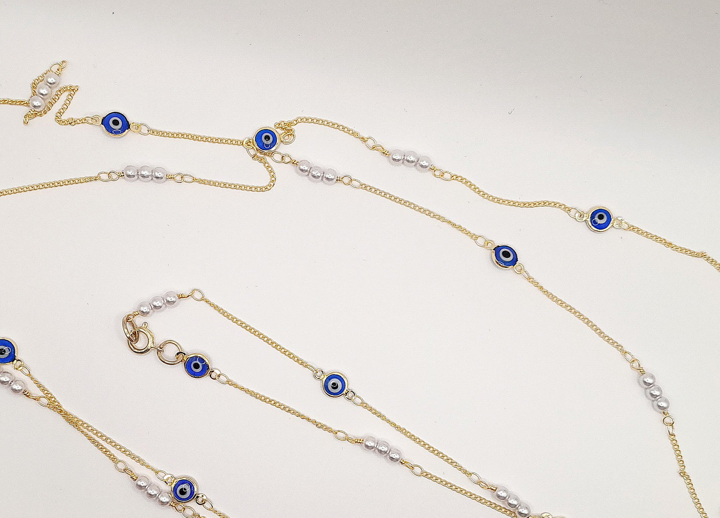 Long Layered Gold and Evil Eye Chain Necklace