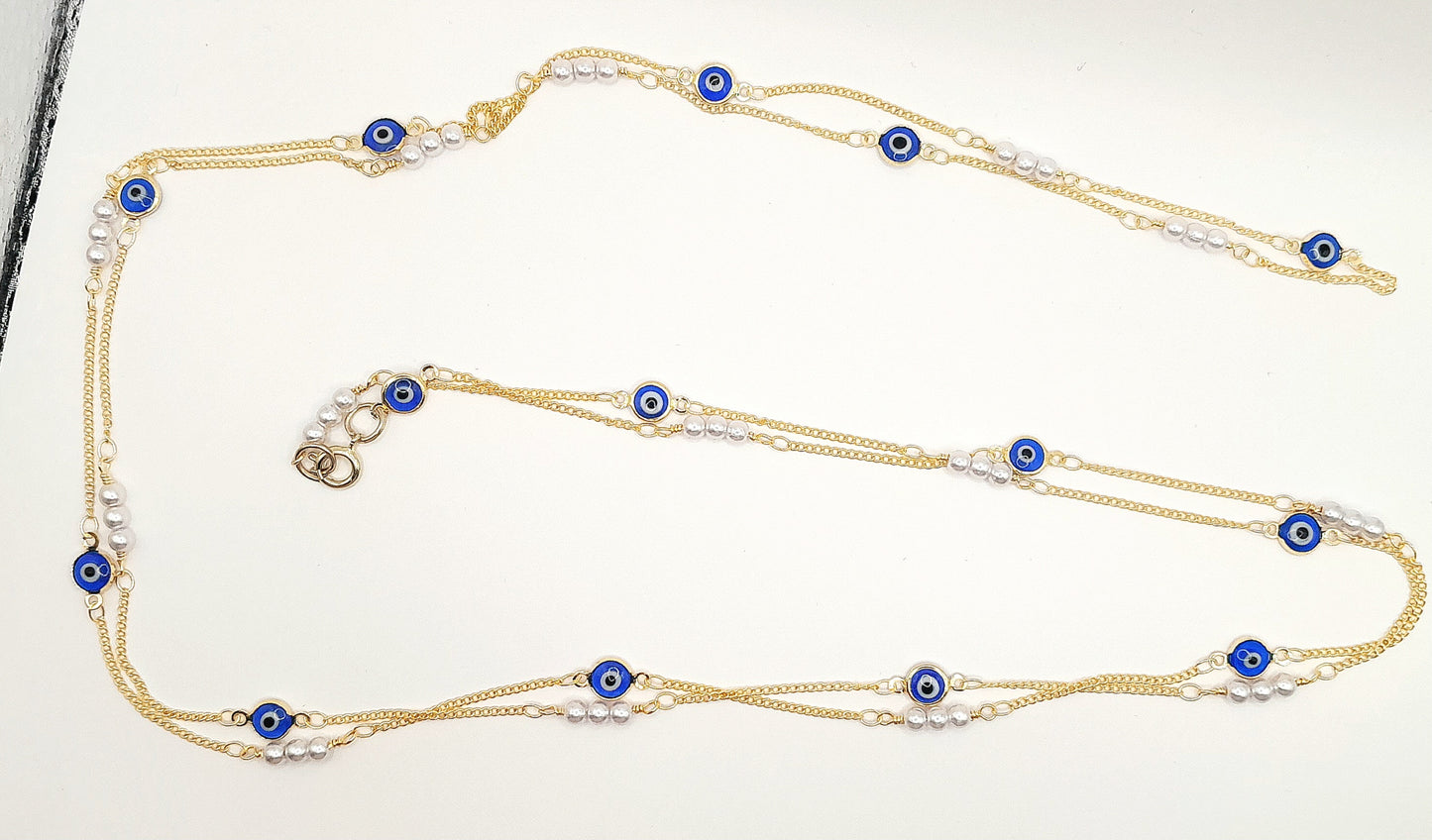 Long Layered Gold and Evil Eye Chain Necklace