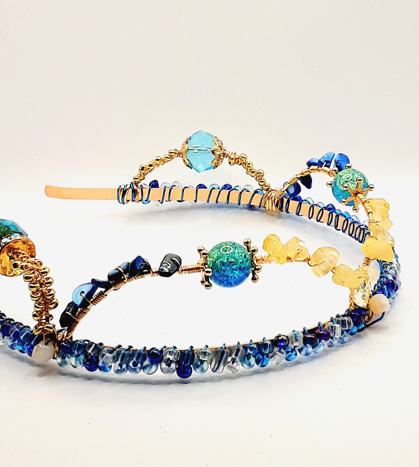 Nautica - Tarnish resistant handwired deep blue and gold beaded  headband or headpiece with citrine and lapis within the arches