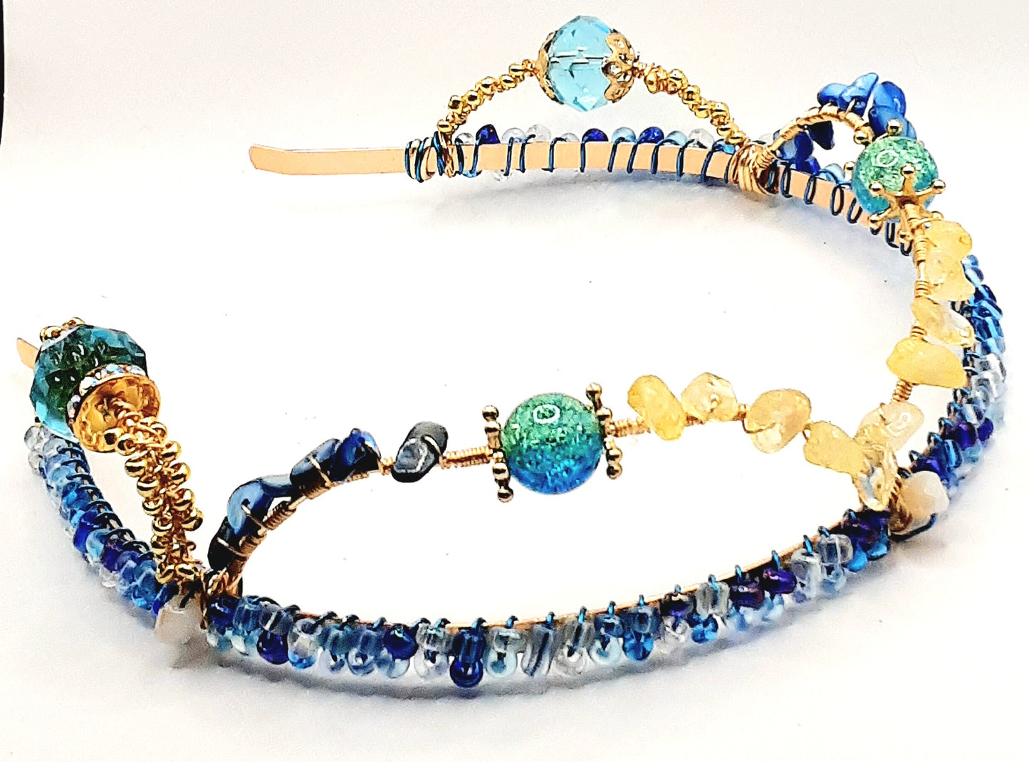 Nautica - Tarnish resistant handwired deep blue and gold beaded  headband or headpiece with citrine and lapis within the arches