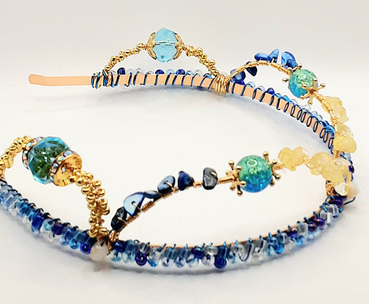 Nautica - Tarnish resistant handwired deep blue and gold beaded  headband or headpiece with citrine and lapis within the arches