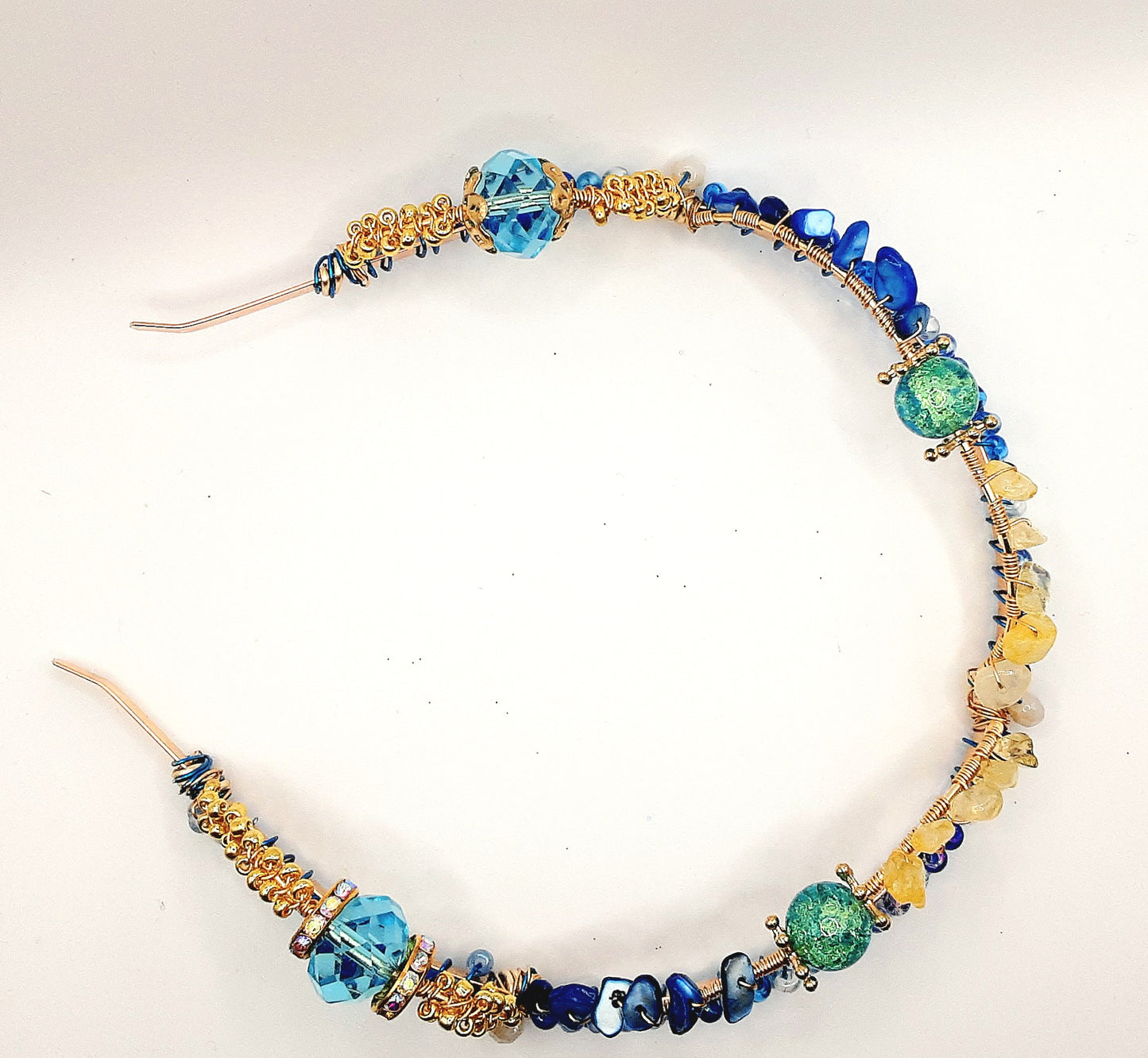 Nautica - Tarnish resistant handwired deep blue and gold beaded  headband or headpiece with citrine and lapis within the arches