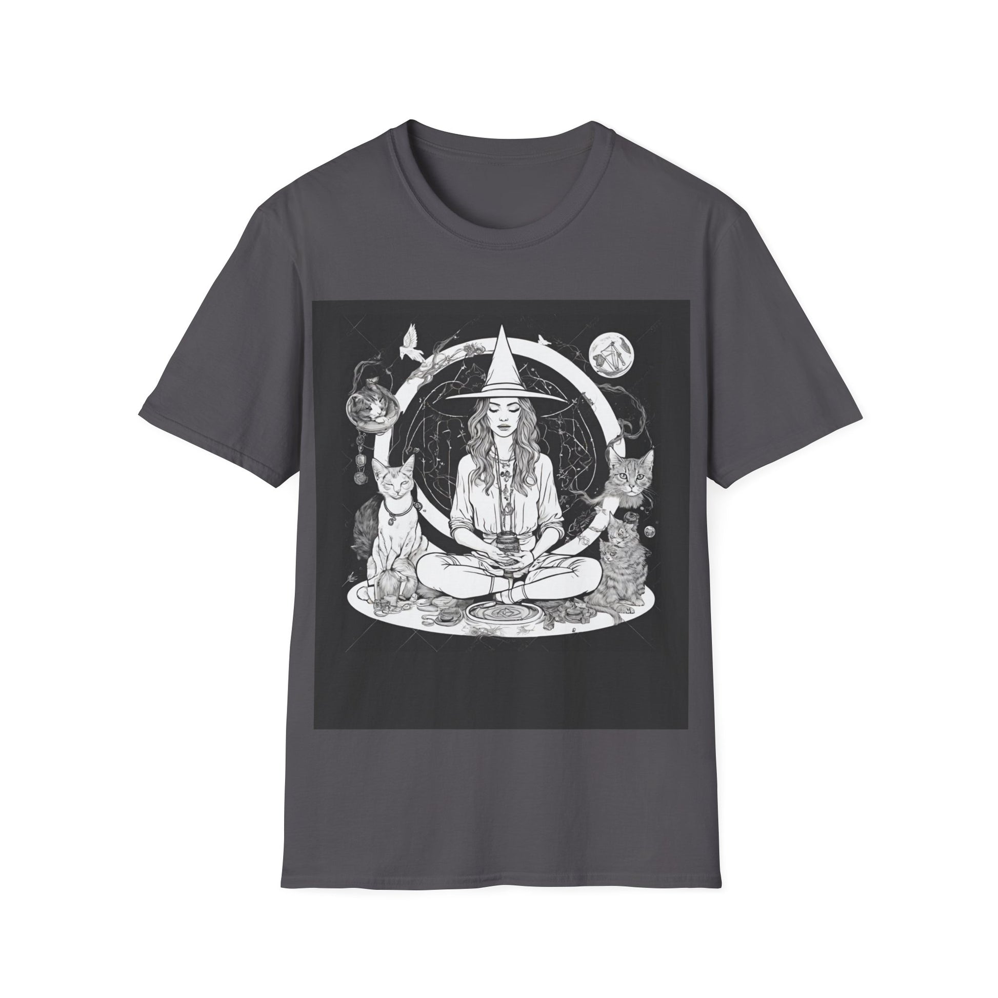 Celebrate your inner witch while mediating with the mediate for a momen5 shirt - great for yoga, casual, workout, or manifesting front model view.