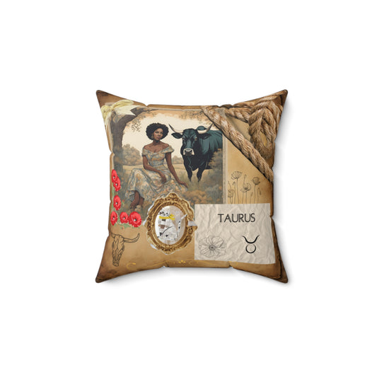 Faux Suede Square Pillow - Zodiac Taurus Comfy Pillow Front and Back Image