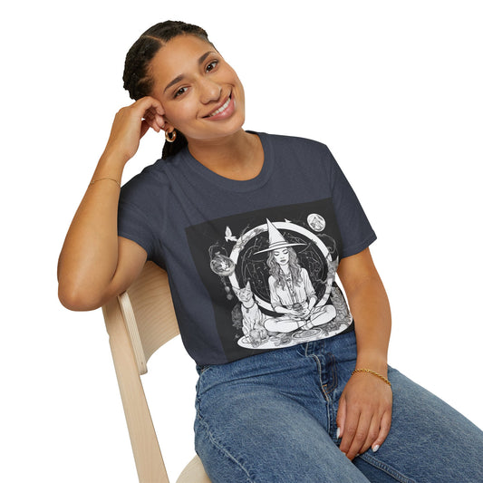 Celebrate your inner witch while mediating with the mediate for a momen5 shirt - great for yoga, casual, workout, or manifesting front model view.