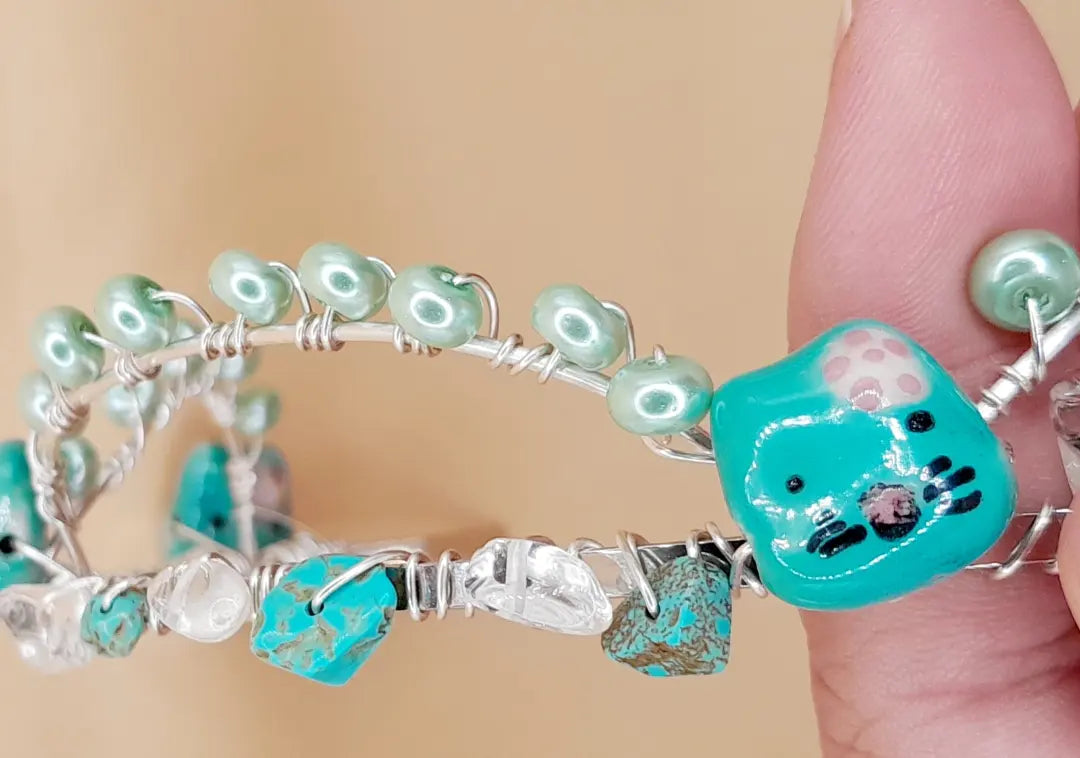 Turquoise and Clear Quartz Beaded Kitty Silver Headband/Crown