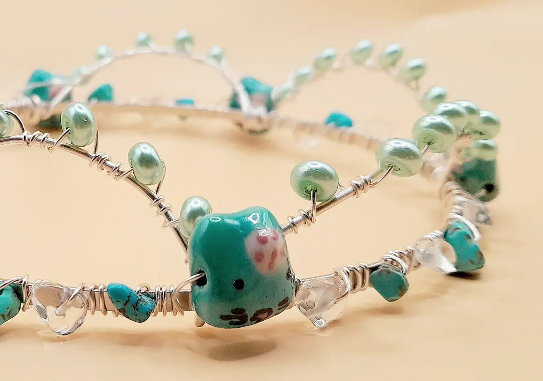 Turquoise and Clear Quartz Beaded Kitty Silver Headband/Crown