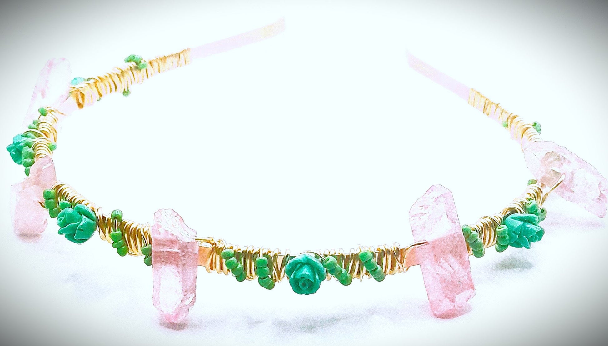 Charolette - Pink Jewelry Crystal with Teal Rose Beaded Hand wire Headband