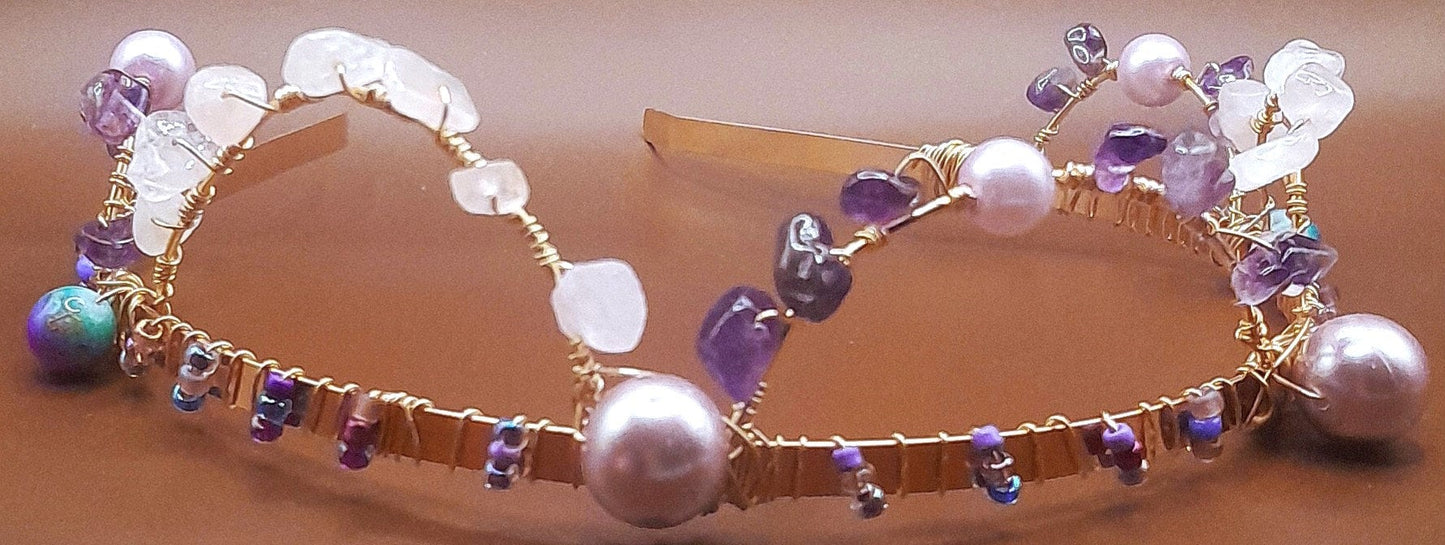 Catalina - Rose Quartz and Amethyst Stones Hand wired onto Purple Beaded Gold Headband