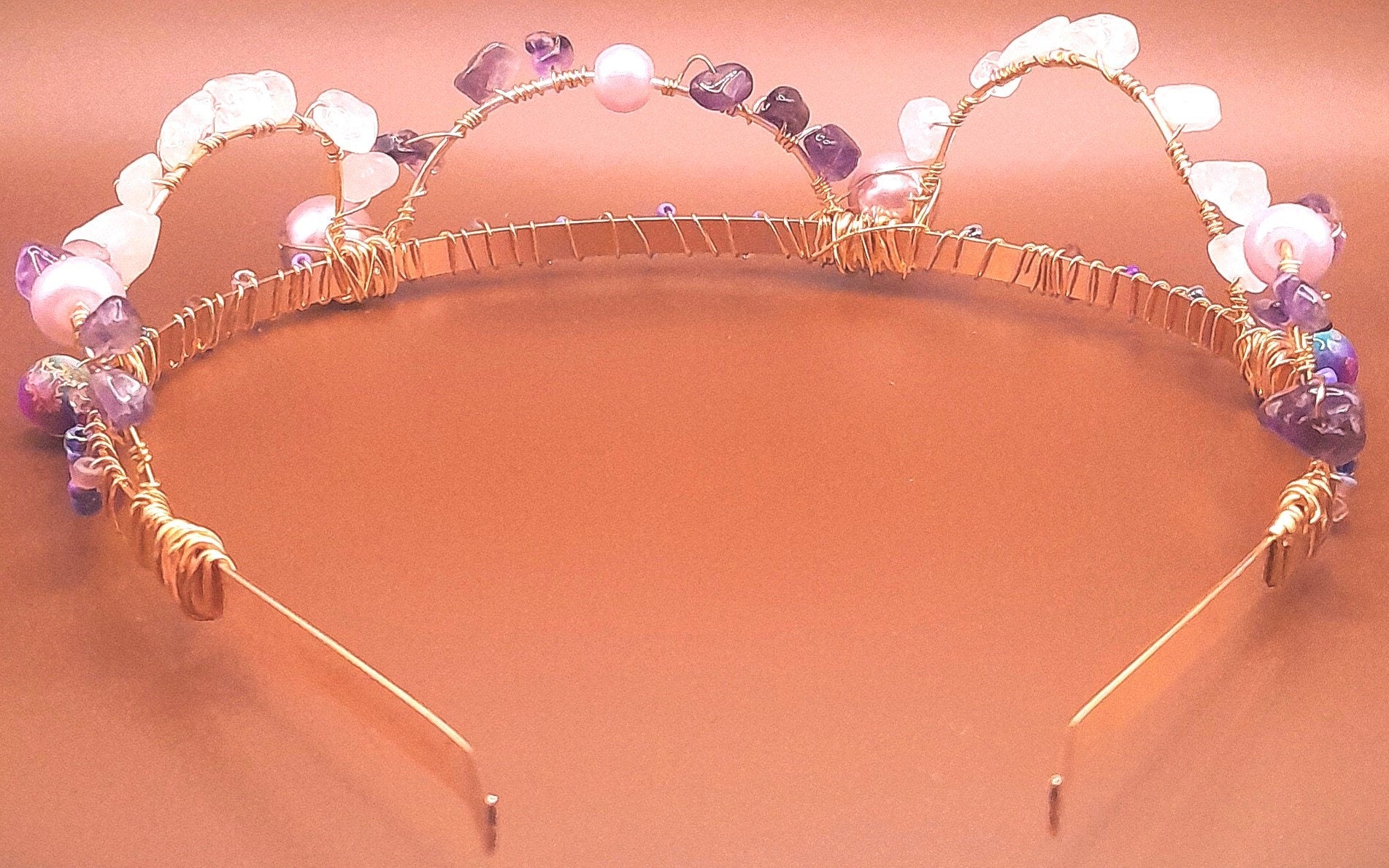 Catalina - Rose Quartz and Amethyst Stones Hand wired onto Purple Beaded Gold Headband