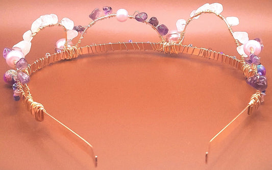 Catalina - Rose Quartz and Amethyst Stones Hand wired onto Purple Beaded Gold Headband