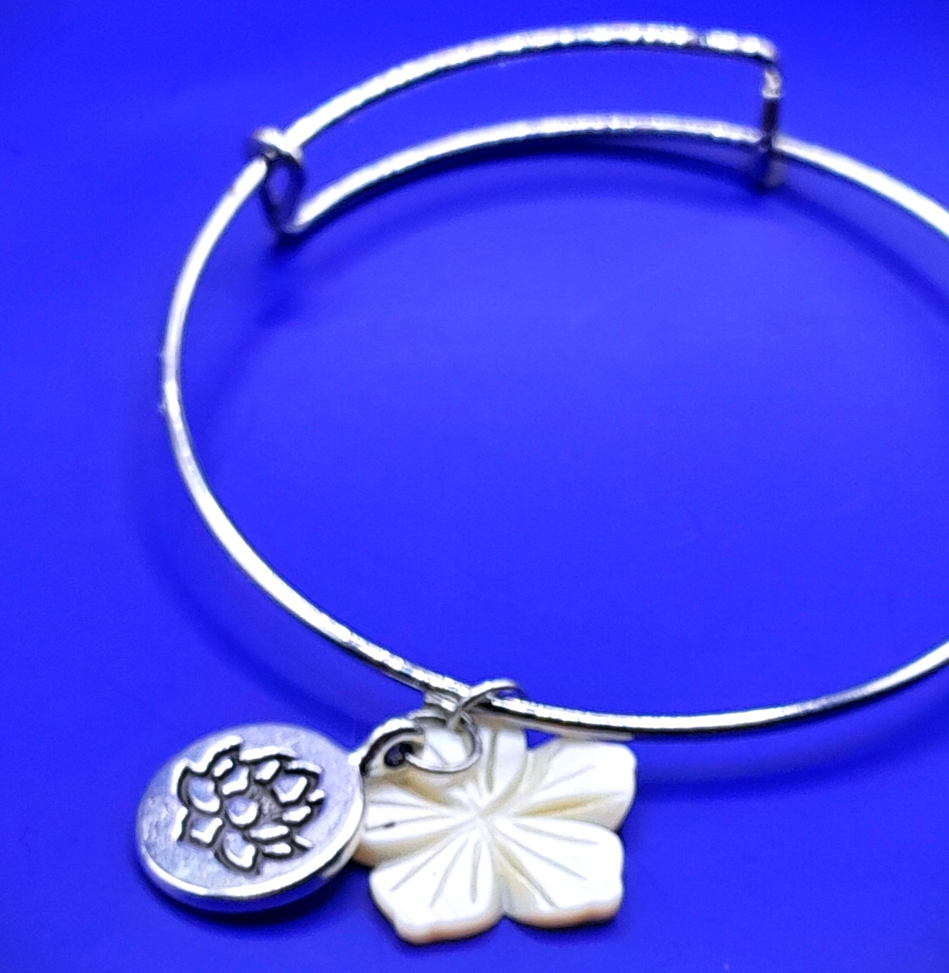 Padma - White Lotus Charm on Silver Adjustable Bangle Bracelet