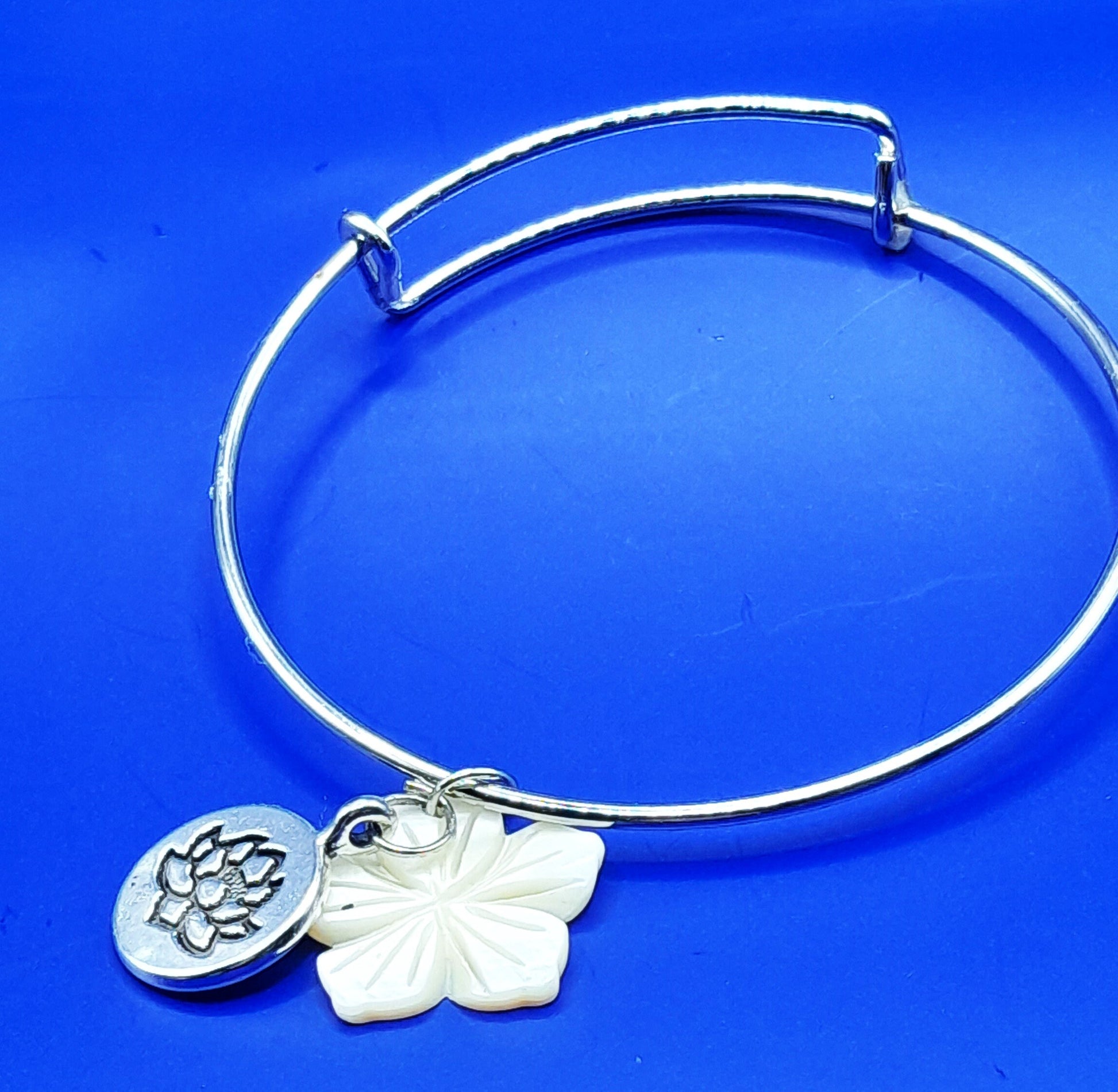 Padma - White Lotus Charm on Silver Adjustable Bangle Bracelet