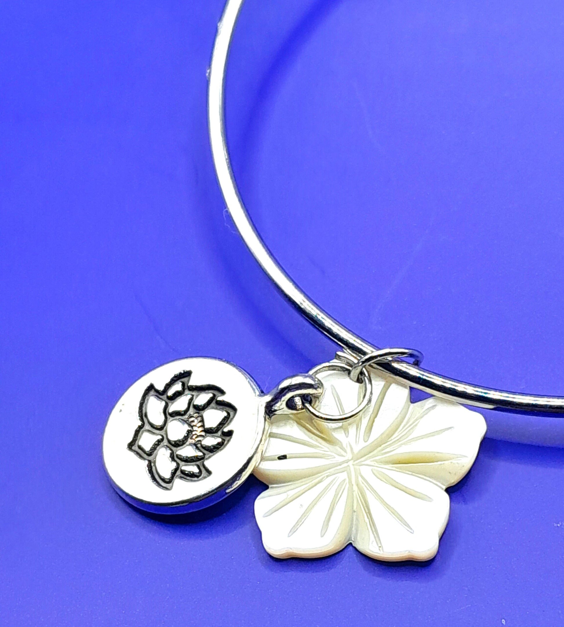 Padma - White Lotus Charm on Silver Adjustable Bangle Bracelet