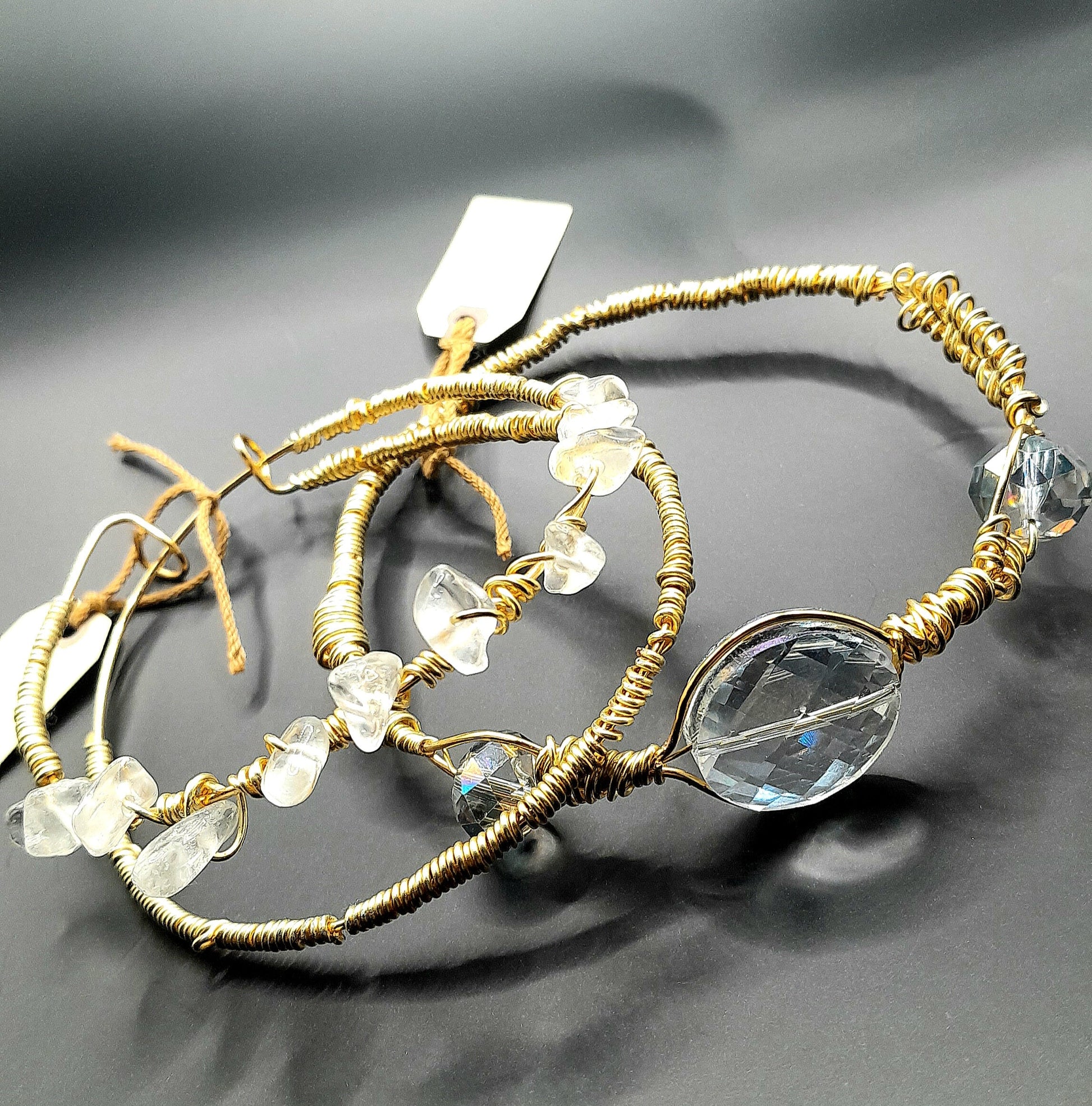 Crystal - Clear Crystal Beaded Hand Wired on Gold Bangle Bracelet