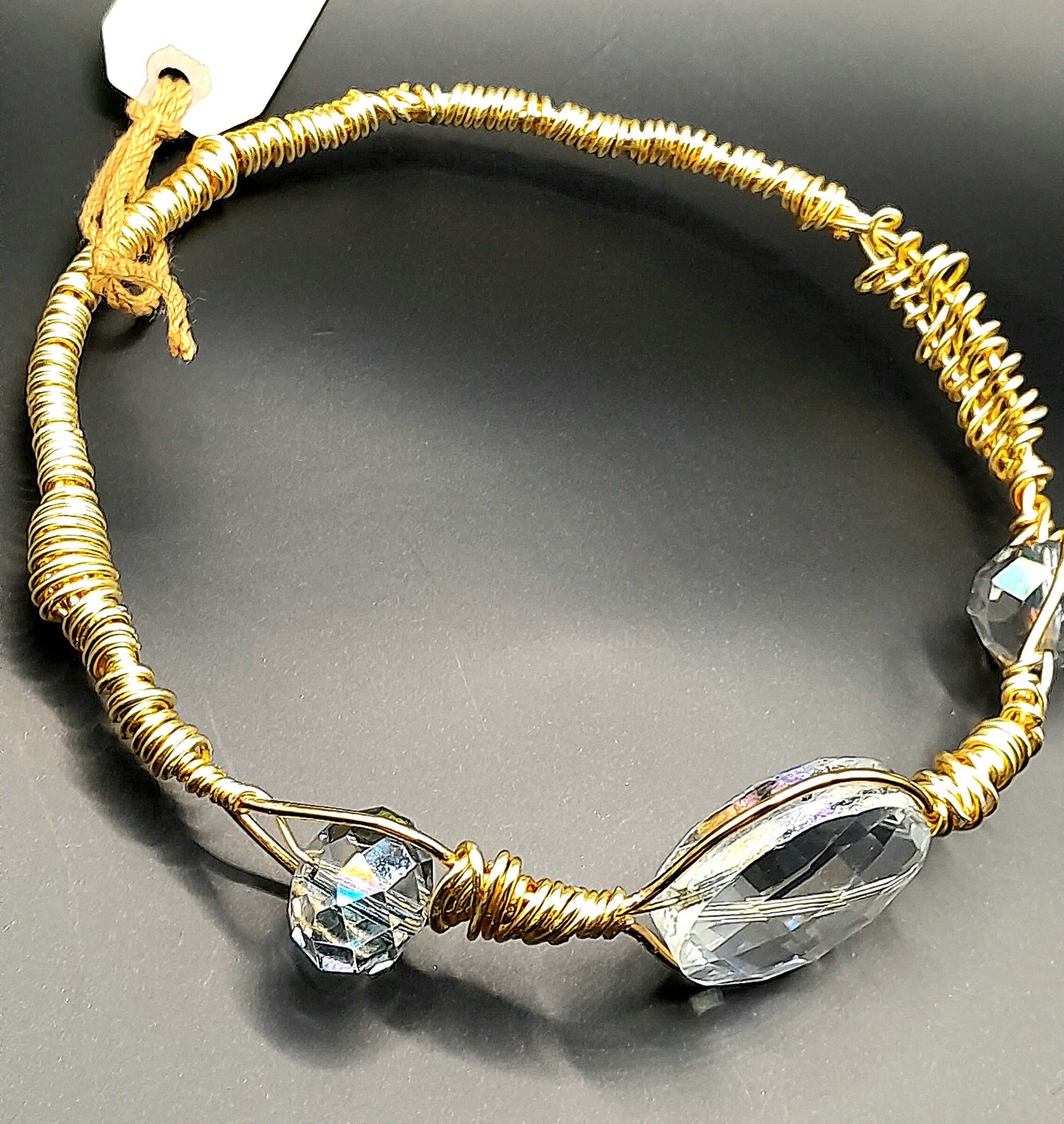 Crystal - Clear Crystal Beaded Hand Wired on Gold Bangle Bracelet