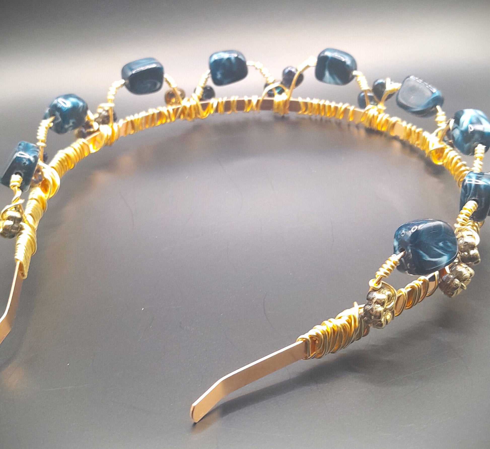 Catherine - Blue Jewelry Stone with Heart and Flower Gold Beading Accents Handwired Headband