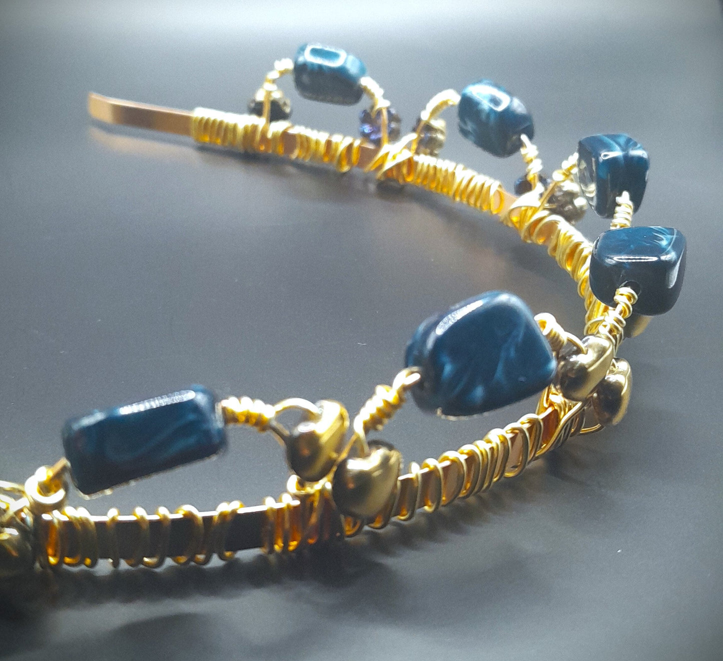 Catherine - Blue Jewelry Stone with Heart and Flower Gold Beading Accents Handwired Headband