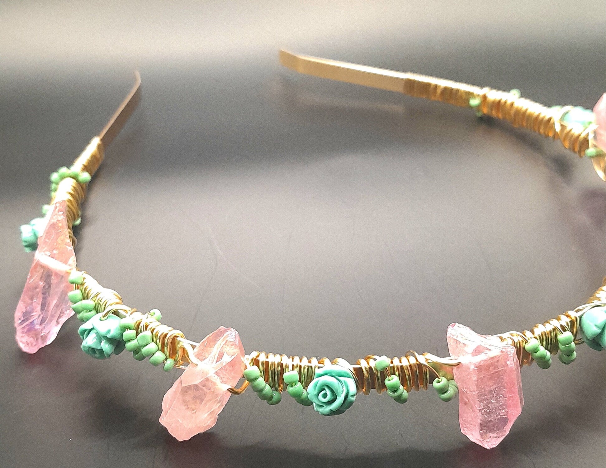 Charolette - Pink Jewelry Crystal with Teal Rose Beaded Hand wire Headband