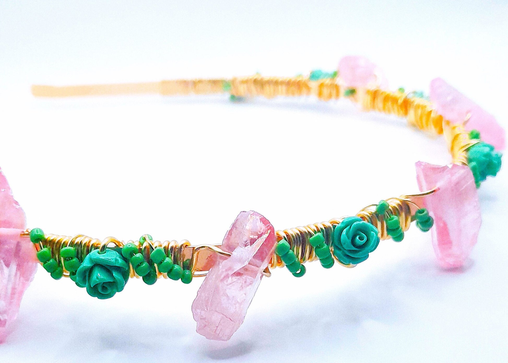 Charolette - Pink Jewelry Crystal with Teal Rose Beaded Hand wire Headband