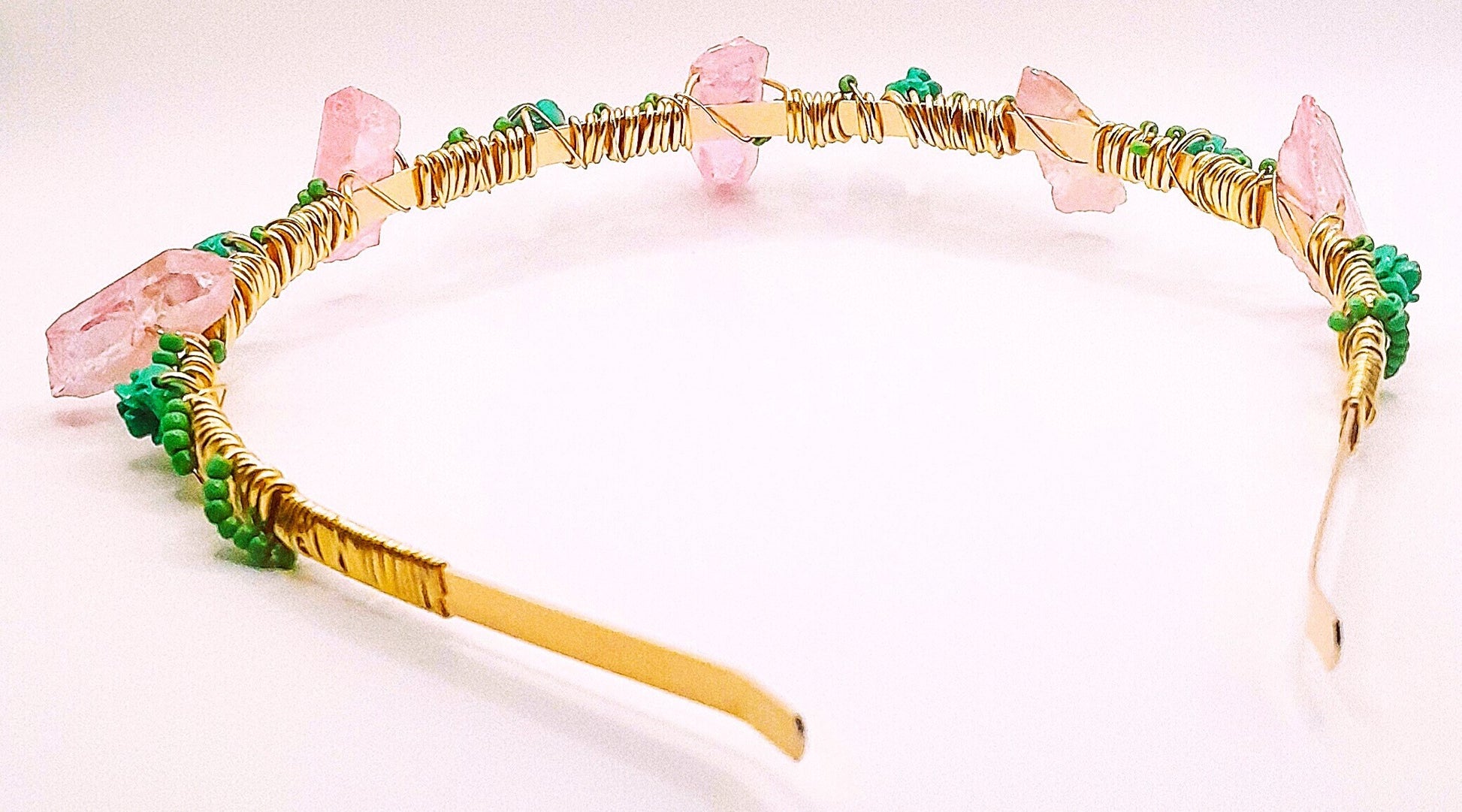 Charolette - Pink Jewelry Crystal with Teal Rose Beaded Hand wire Headband